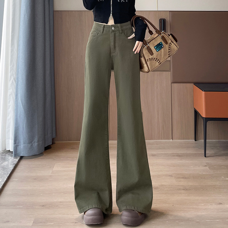 军绿色美式微喇牛仔裤女2026秋季高腰宽松弹力马蹄喇叭裤子