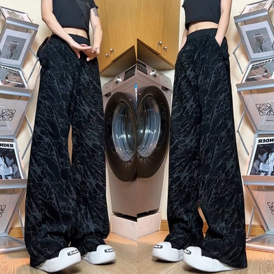 运动裤女春秋季新款ins潮宽松直筒休闲裤高腰阔腿垂感扎染卫裤子