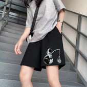 女夏韩版 宽松高腰外穿五分裤 大码 胖mm运动短裤 黑色ins潮休闲中裤