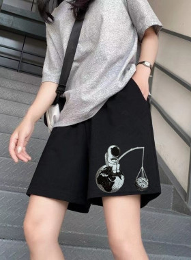 胖mm运动短裤女夏韩版宽松高腰外穿五分裤大码黑色ins潮休闲中裤