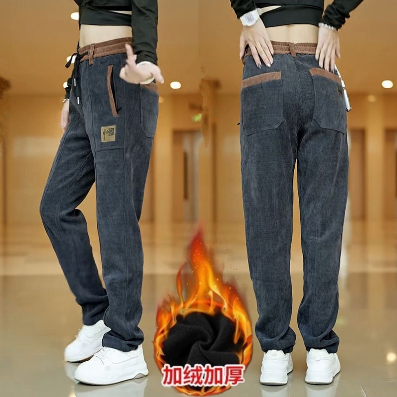 灯芯绒休闲裤女士秋冬季新款加绒加厚运动裤显瘦中国风直筒长裤子