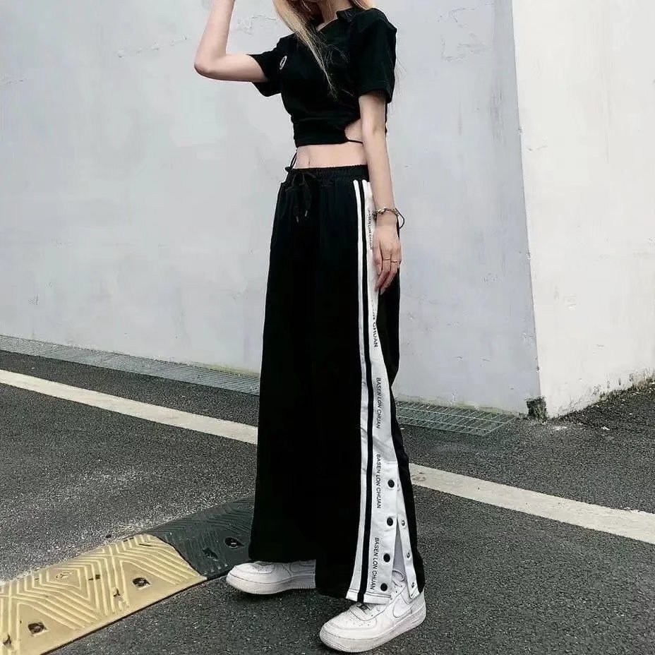 高街侧排扣裤女夏外穿ins潮流高腰运动裤宽松显瘦休闲直筒长裤子