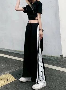 高街侧排扣裤女夏外穿ins潮流高腰运动裤宽松显瘦休闲直筒长裤子
