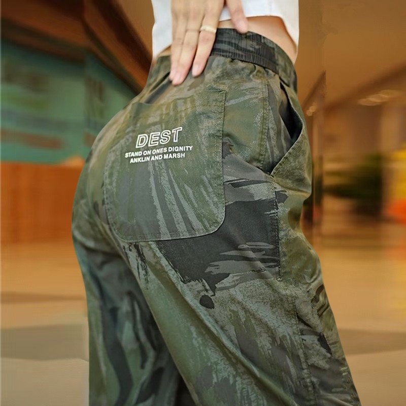 裤子女款夏季薄款束脚运动裤显瘦冰丝速干潮流迷彩宽松时尚休闲裤图片