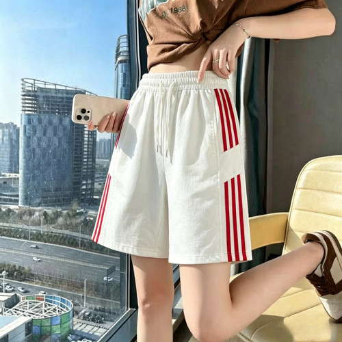 冰丝运动短裤女士宽松直筒休闲裤三条杠条纹夏季薄款潮流五分中裤