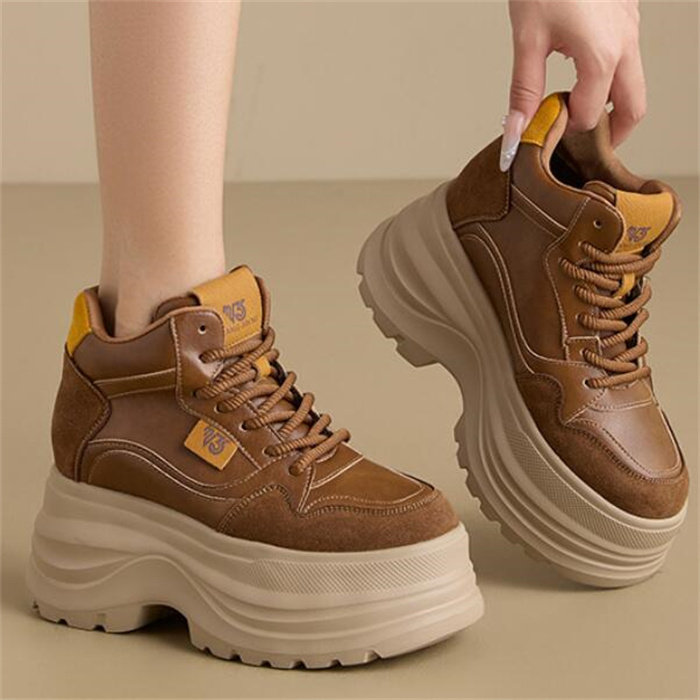 2025秋冬新款隐形内增高12厘米真皮厚底防水台系带保暖马丁靴B689