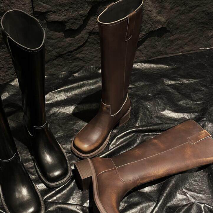 秋隐形内增高8厘米 头层牛皮大气方头粗跟套筒坡跟高筒时装靴9166