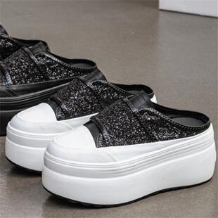 A590 松糕鞋 2026春夏新隐形内增高9厘米 真皮厚底碎钻亮片圆头拖鞋