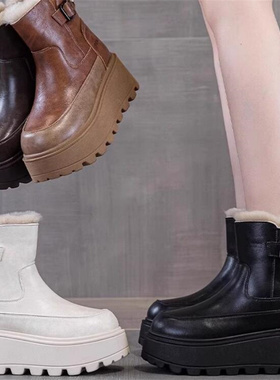 2026冬季新款隐形内增高11厘米真皮圆头厚底防水台短筒雪地靴B385