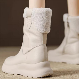 2026冬新款 真皮圆头厚底中筒保暖坡跟雪地靴B309 隐形内增高8厘米