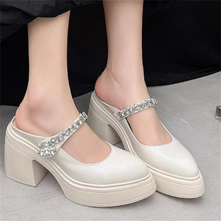 2026夏季新款隐形增高10厘米真皮粗跟尖头防水台坡跟包头拖鞋A835