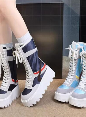 2026春新款隐形内增高10厘米帆布厚底圆头拼色系带中筒时装靴B729