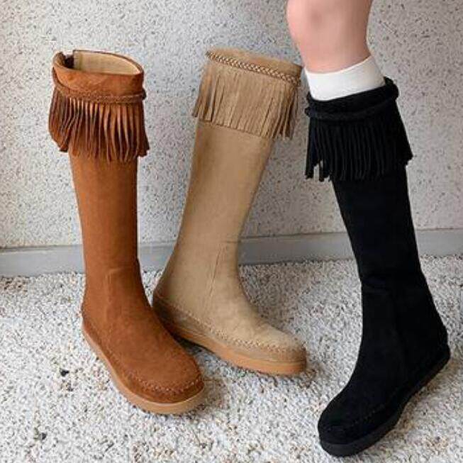 2026秋冬新款隐形内增高7厘米 磨砂皮圆头流苏高筒保暖时装靴A279
