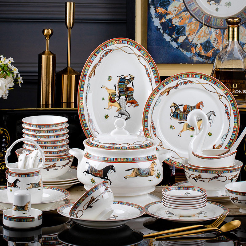 景德镇陶瓷马到成功轻奢珐琅彩骨瓷餐具碗碟套装盘子厂家礼品批发,餐饮具,西餐餐具套装,淘宝优惠券,粉丝福利购,淘宝优惠卷