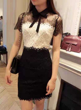 法单S家2020夏唐嫣同款 蝴蝶结镂空黑白拼色翻领蕾丝边连衣裙