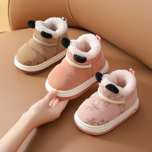 儿童棉拖鞋冬季男宝宝室内PU皮面防水家居鞋女小大童高帮保暖棉鞋