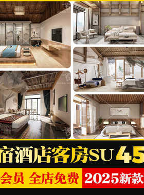 新中式乡村生态自然侘寂风民宿客栈酒店客房场景草图大师SU模型库