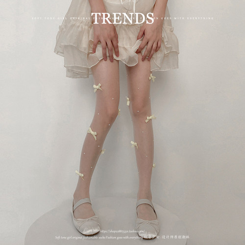甜美少女蝴蝶结珍珠丝袜夏季薄款