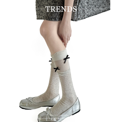 甜美泡泡口蝴蝶结竖纹堆堆小腿袜