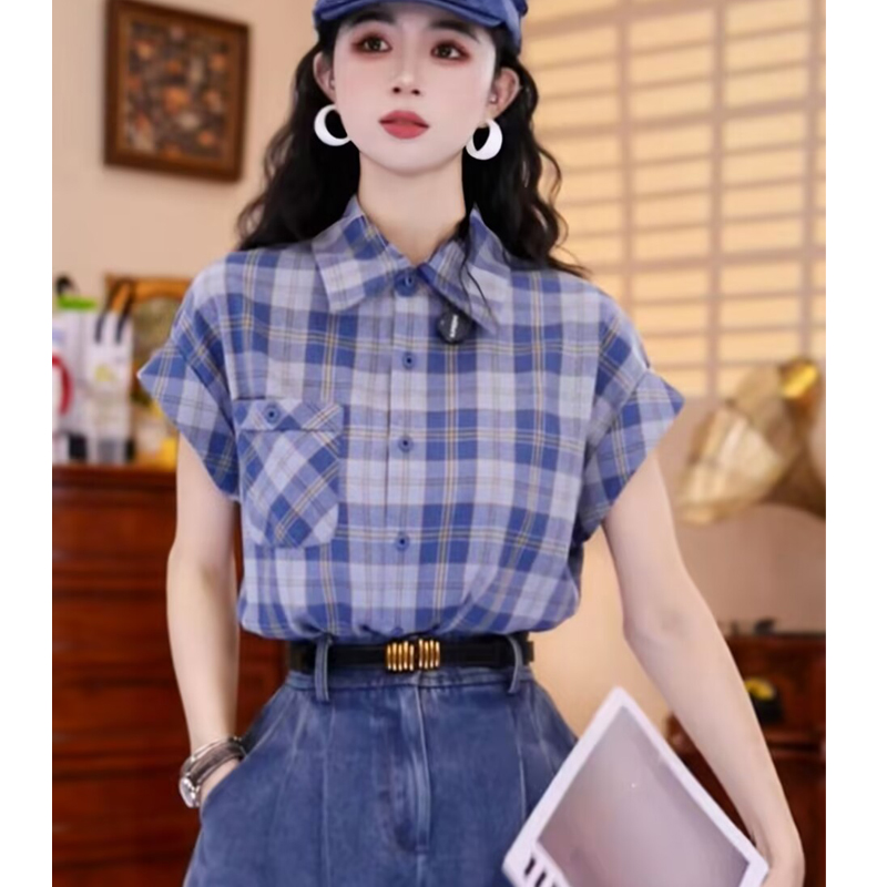 法式復(fù)古襯衫女短袖2025氣質(zhì)高級感格子上衣chic港風(fēng)獨特漂亮襯衣