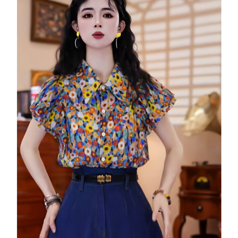 復(fù)古港風(fēng)chic短袖襯衫女夏2025新款法式小眾碎花上衣獨(dú)特漂亮襯衣