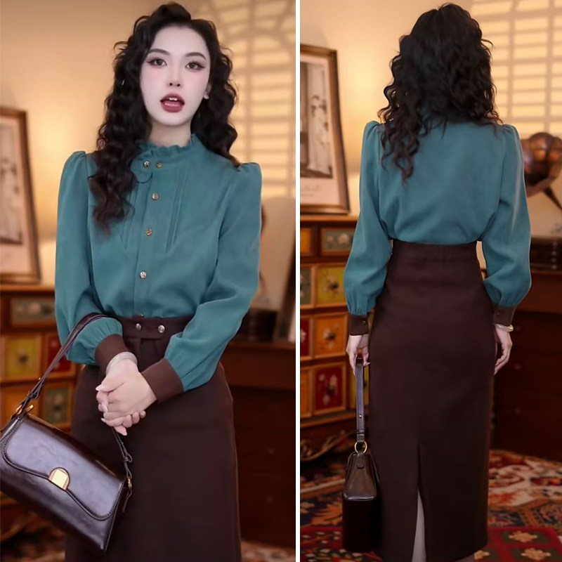 木耳边长袖衬衫港风复古宽松上衣