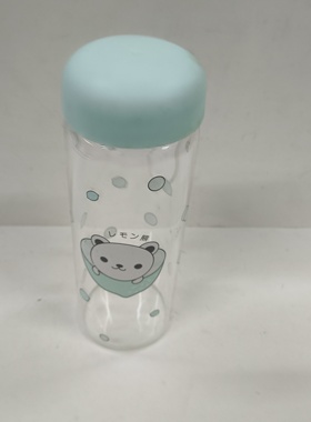日系卡通小熊玻璃杯便携水杯可爱蓝色盖子透明杯子