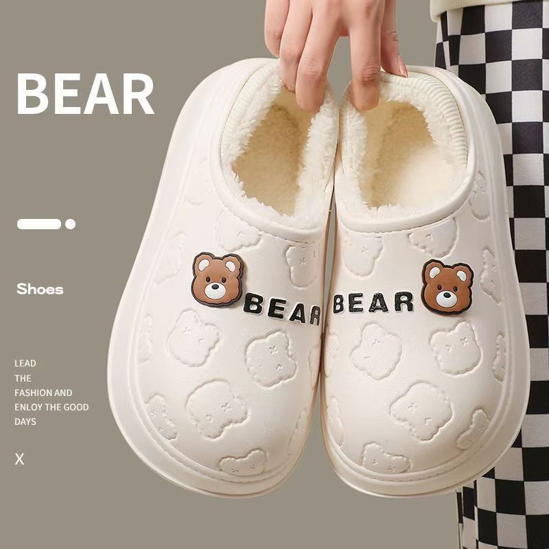 可爱小熊冬季棉拖鞋防水冬天包跟外穿情侣软底防滑保暖居家防寒