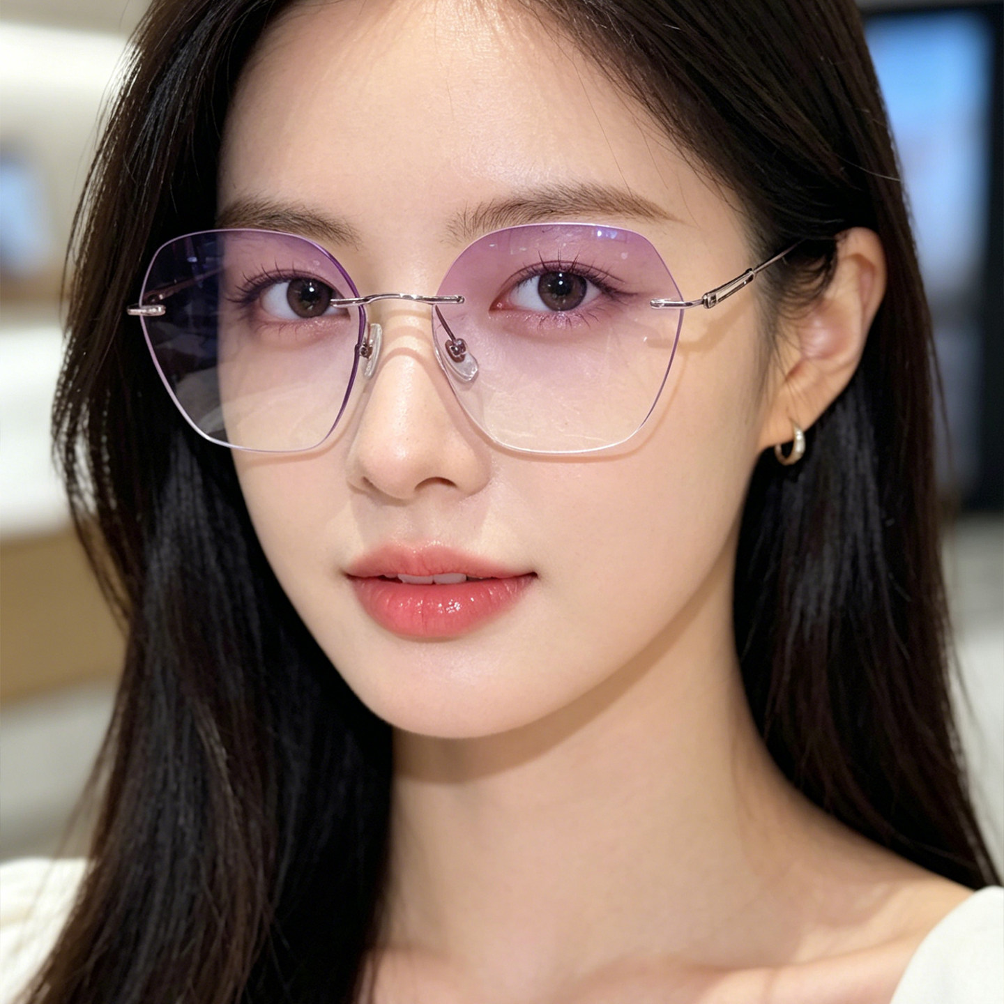 防蓝光近视眼镜女无边框紫色渐变素颜神器潮流大框瘦脸平光美妆镜