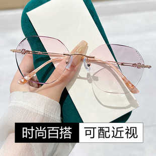 无框切边眼镜女近视可配有度数素颜神器防蓝光辐射平光镜大脸显瘦
