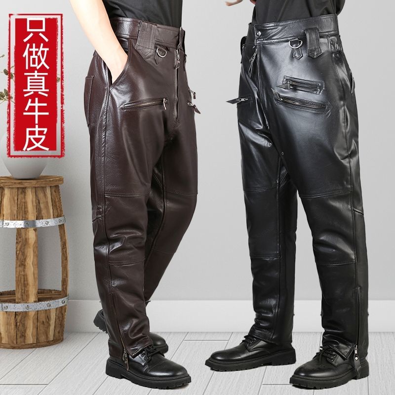 牛皮皮裤男士冬季骑行牛皮可拆卸加厚哈雷摩托车机车宽松防风保暖