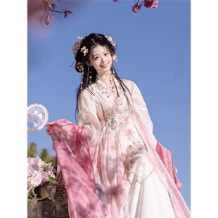 落樱缤纷原创汉服天丝上衫樱花刺绣改良齐胸裙可拆卸大袖衫日常款