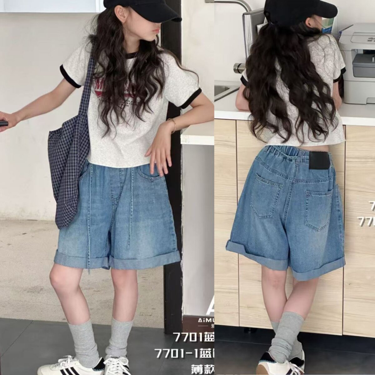 爱木橦男女中大童软牛仔短裤子图片