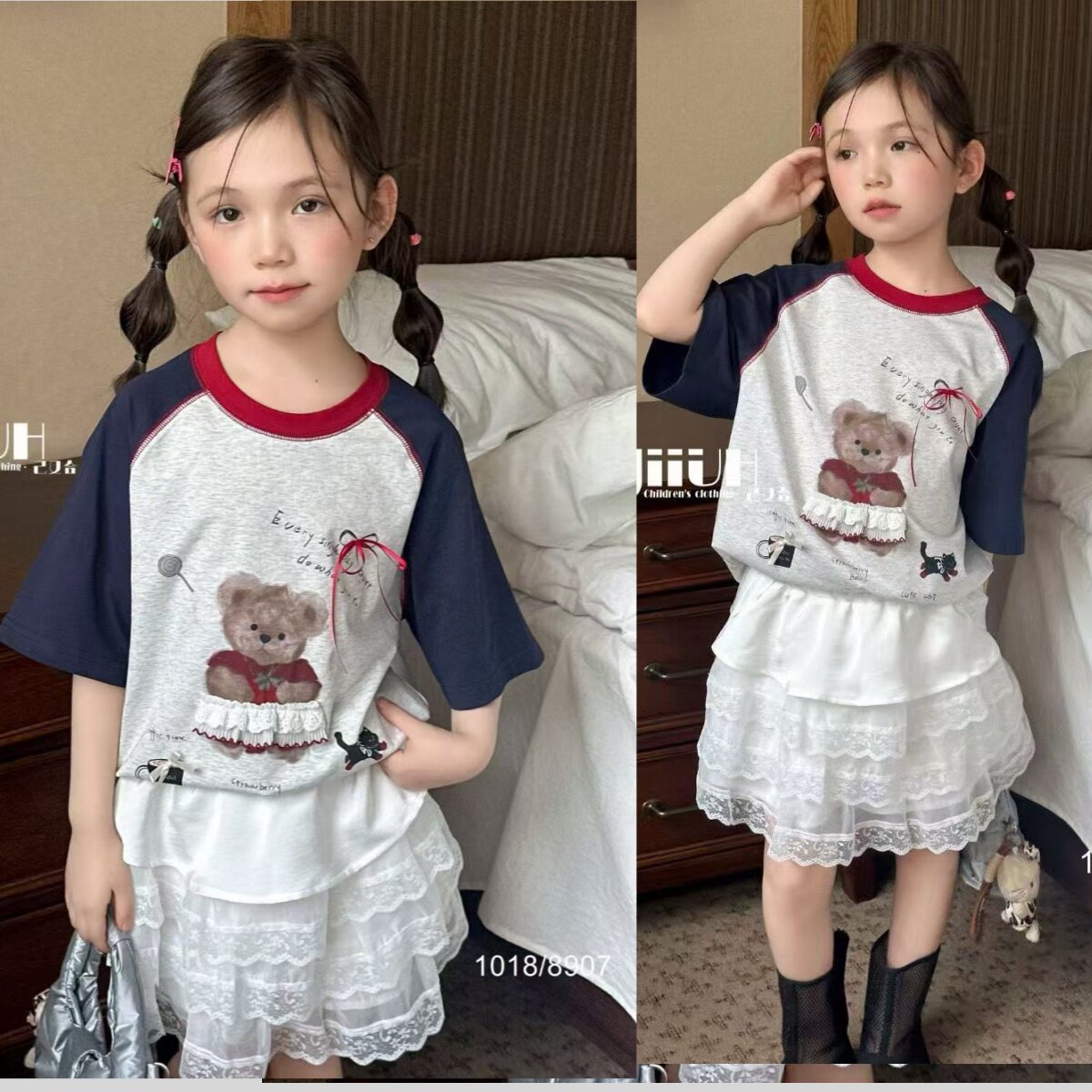 己又合童装2026夏季女童韩系插肩袖撞色卡通小熊圆领短袖T恤1018