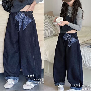 7757 女童洋气蝴蝶结中大童休闲宽松牛仔长裤 爱木橦裤 子2025秋新款