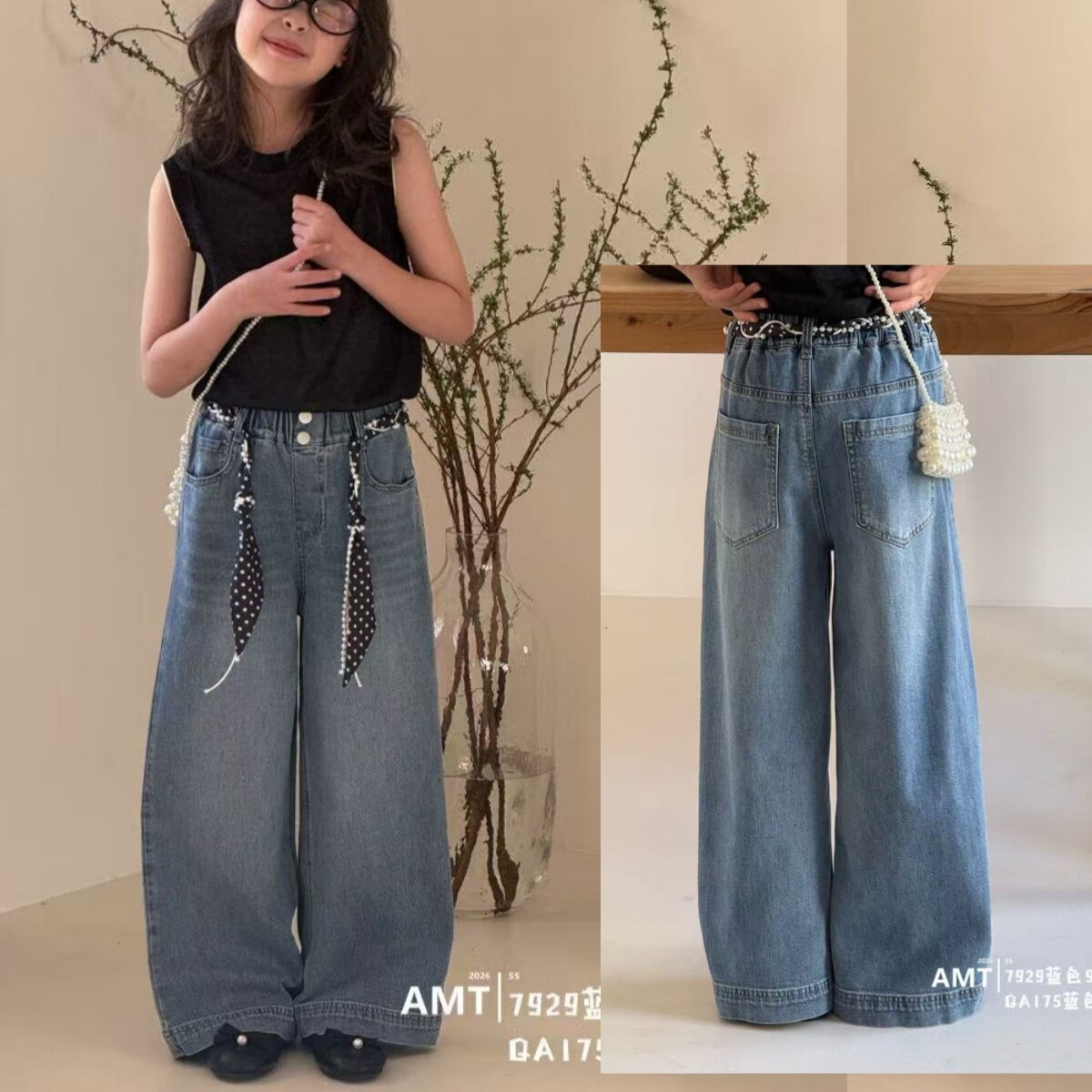 爱木橦女童春新裤丝巾直筒牛仔裤图片