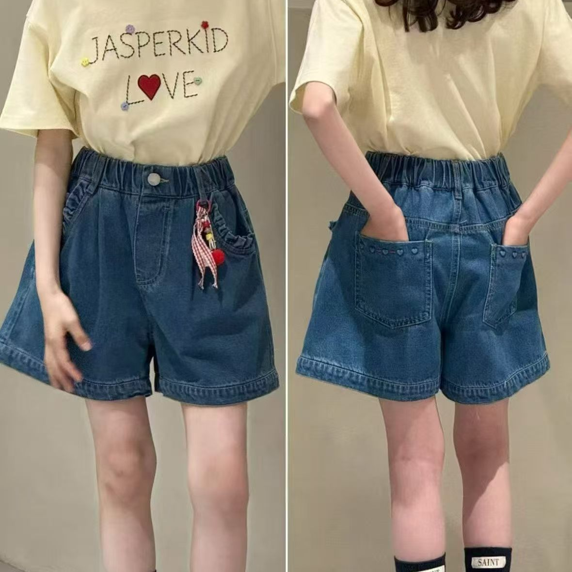 童乐鱼童装2026夏季女童新款韩版休闲松紧腰牛仔短裤中大童21055