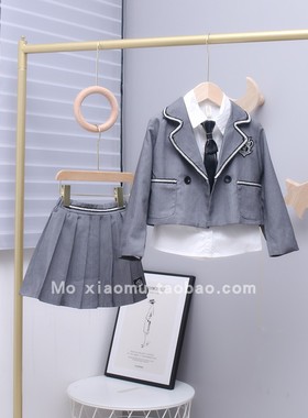 童装女童学院风套装秋装儿童西装外套百褶裙三件套11915