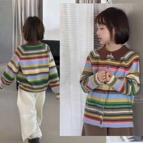 品牌童装女童秋冬彩虹条开衫毛衣