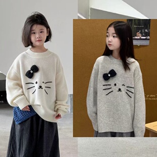 G+女童毛衣2025冬款『内里加绒』儿童小猫蝴蝶结针织毛衣52863