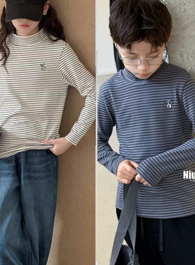 牛哆哆2025秋冬款男女童条纹半高领德绒打底衫儿童保暖长袖T55511