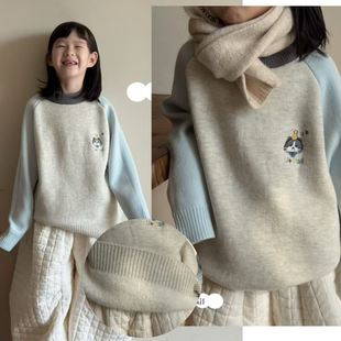 品牌童装 男女童洋气加绒派对小猫刺绣休闲针织毛衣3317 2025冬新款