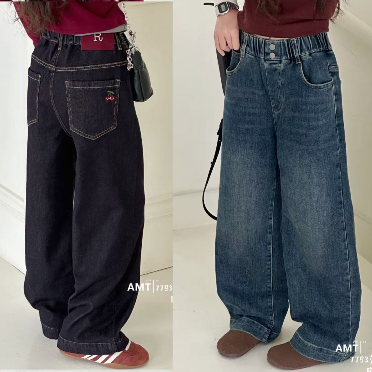 爱木橦裤子女童底抓毛直筒牛仔裤