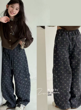 大E小E童装2025冬款『碎花工装』女童一体绒碎花工装休闲长裤8958