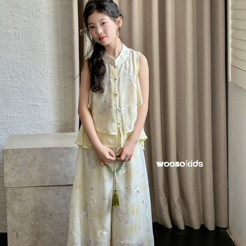 女童夏季新中式无袖上衣阔腿裤