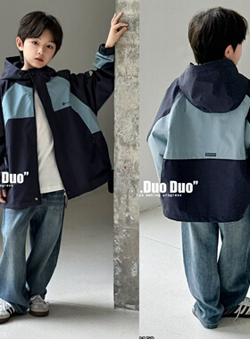 牛哆哆童装2025秋季拼色冲锋衣中大童风衣夹克儿童连帽外套69152