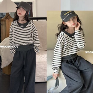 wooso吾束女童秋季条纹套装休闲连帽上衣阔腿裤韩系三件套81083