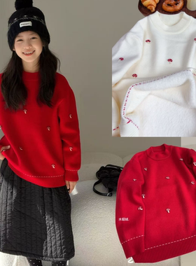 嗨大E小E童装2025冬款女童蘑菇刺绣一体绒圆领针织衫毛衣27023