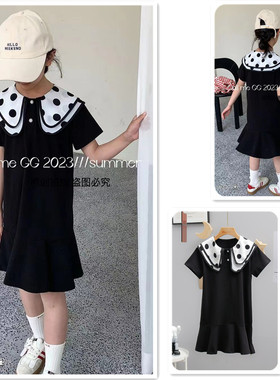 叫我格格女童连衣裙夏季新款娃娃领撞色拼接宽松小黑裙16327