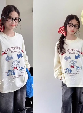 布芮欧童装2025秋新款女童蝴蝶结卡通印花休闲百搭卫衣袖T恤63166